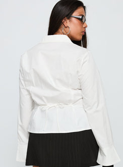 back view of model wearing Princess Polly By The Phone Long Sleeve Collared Top White Curve Full Sleeves V-Neck 