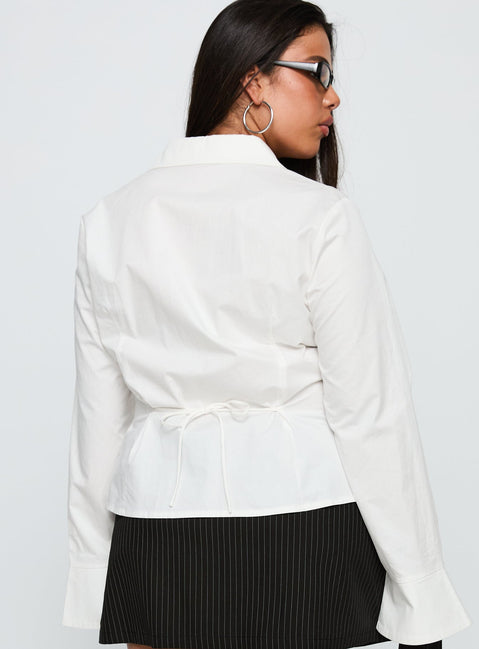 back view of model wearing Princess Polly By The Phone Long Sleeve Collared Top White Curve Full Sleeves V-Neck 