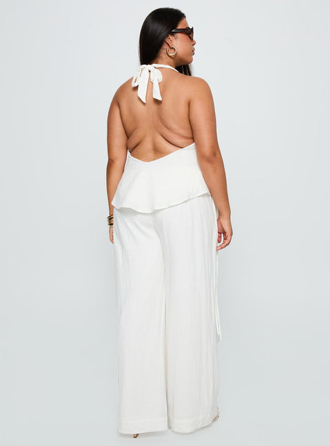 back view of model wearing Princess Polly Silver Moon Linen Blend Tie Pants White Curve High Waisted Pants 