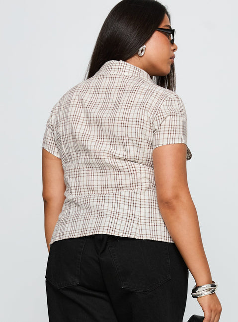 back view of model wearing Princess Polly Cottesloe Blouse Top Brown Check Curve Short Sleeves V-Neck 