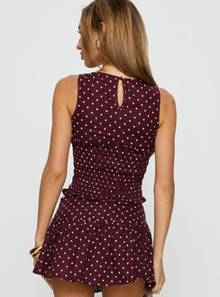 Roxee Ruched Linen Blend Top Plum Polka