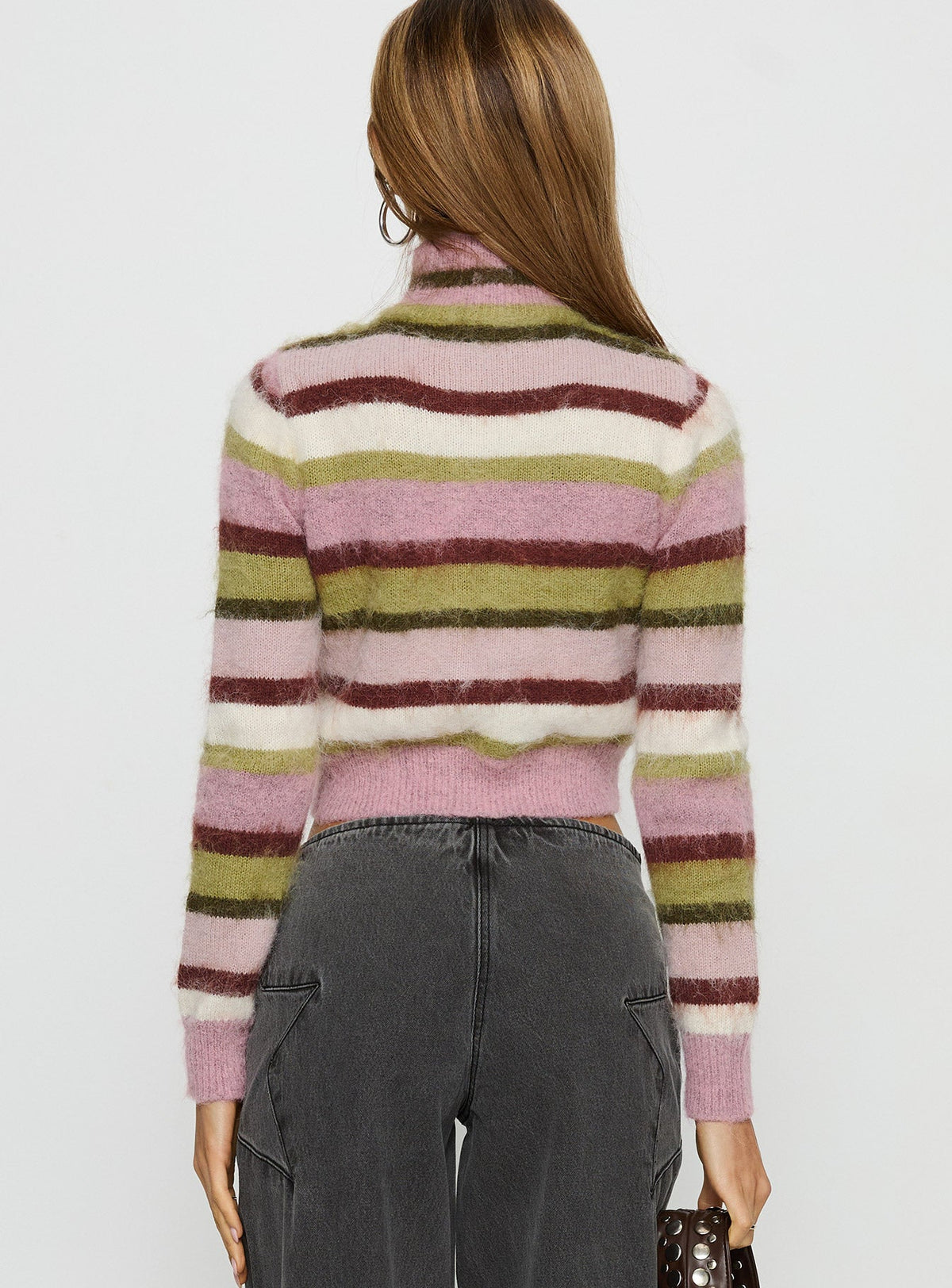 back view of model wearing Princess Polly Keeva Zip Through Knit Jumper Pink / Green Stripe Jumpers 