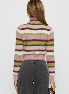 back view of model wearing Princess Polly Keeva Zip Through Knit Jumper Pink / Green Stripe Jumpers 