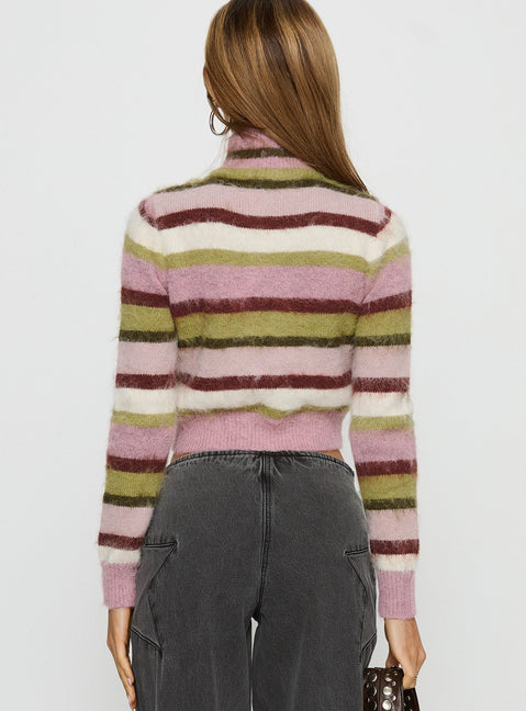 back view of model wearing Princess Polly Keeva Zip Through Knit Jumper Pink / Green Stripe Jumpers 