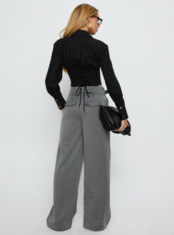 back view of model wearing Princess Polly Jinny Relaxed Buckle Tailored Pants Grey Pinstripe Low Rise Pants 