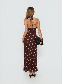 Saviana Halter Ruched Maxi Dress Chocolate / Pink Polka Dot