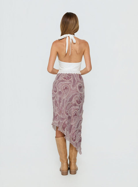 back view of model wearing Princess Polly Suella Asymmetrical Midi Skirt Paisley Multi 