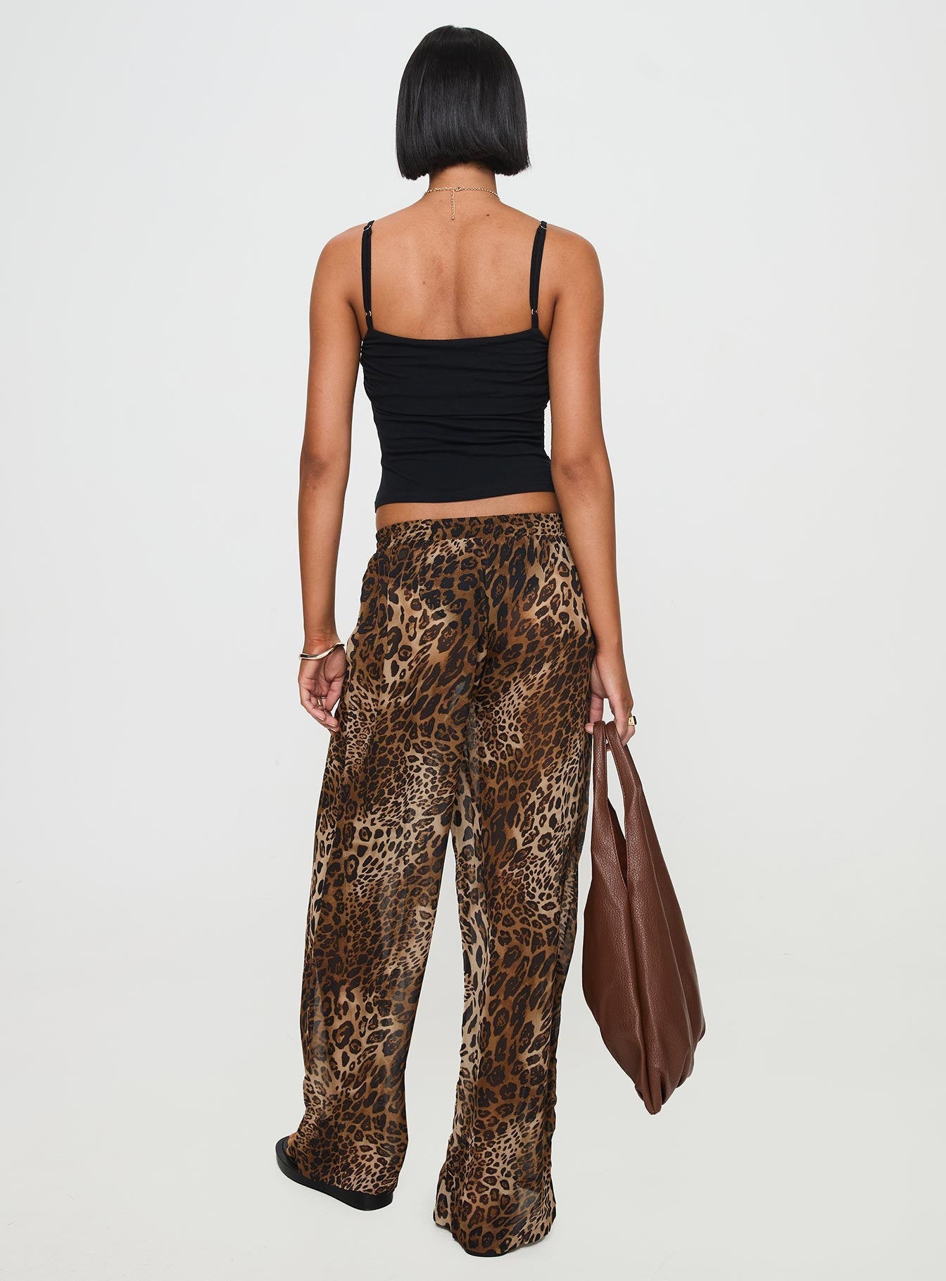 back view of model wearing Princess Polly Fyre Wide Leg Pant Leopard Petite Low Rise Pants 