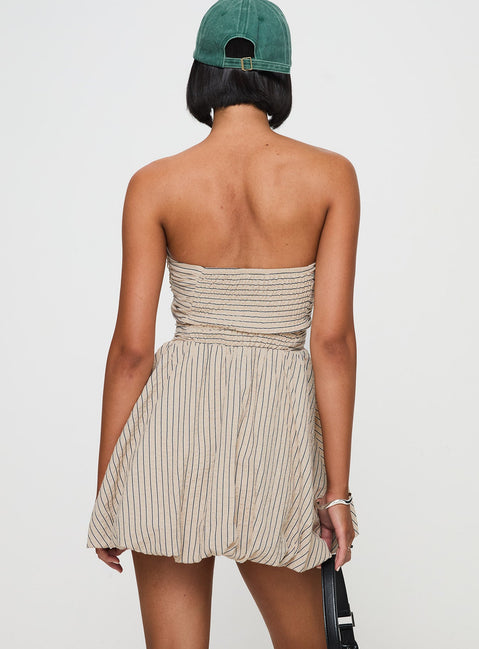 back view of model wearing Princess Polly Quinette Strapless Bubble Hem Mini Dress Beige Stripe Straight Neck 
