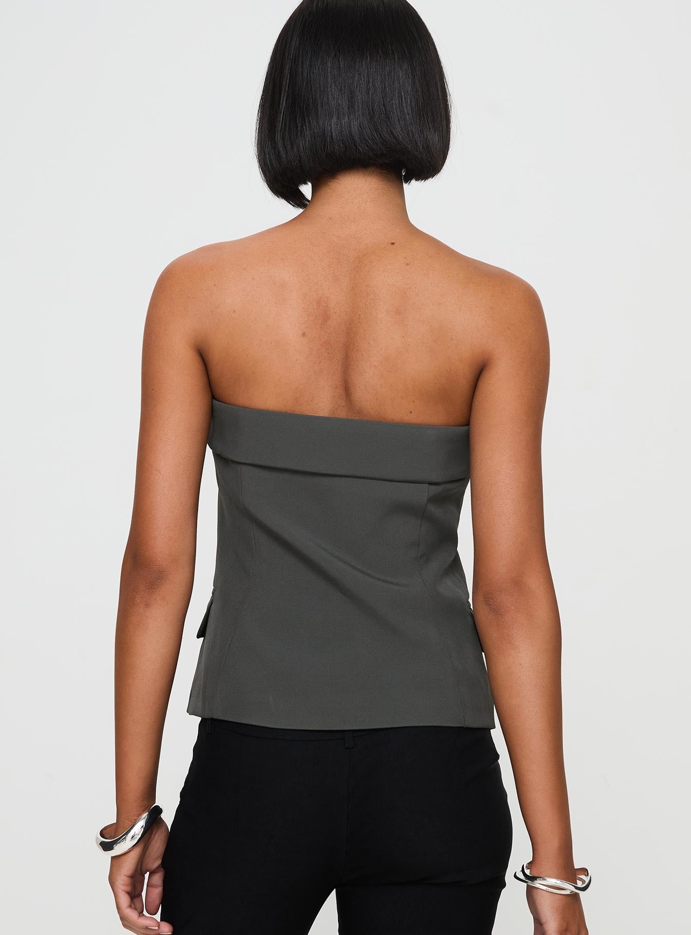 back view of model wearing Princess Polly Change It Up Strapless Top Grey Sleeveless straight 