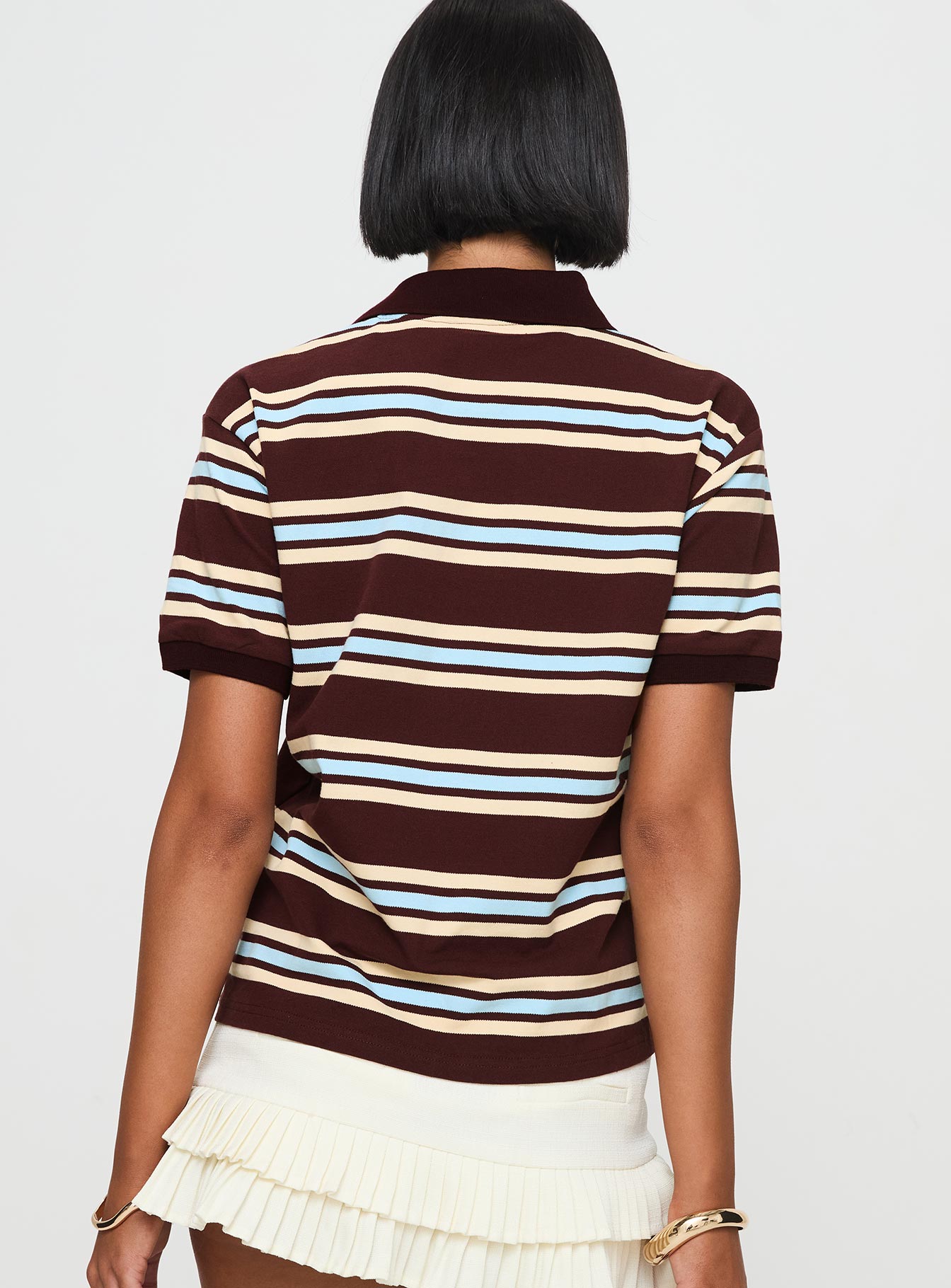 back view of model wearing Princess Polly Leisure Polo Chocolate Multi Short Sleeves High Neck 