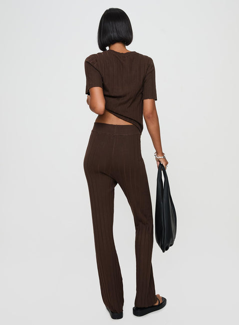 back view of model wearing Princess Polly Palomia Ribbed Pants Chocolate High Waisted Pants 