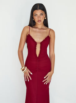front view of model wearing Princess Polly Capisce Maxi Dress Red Plunger 