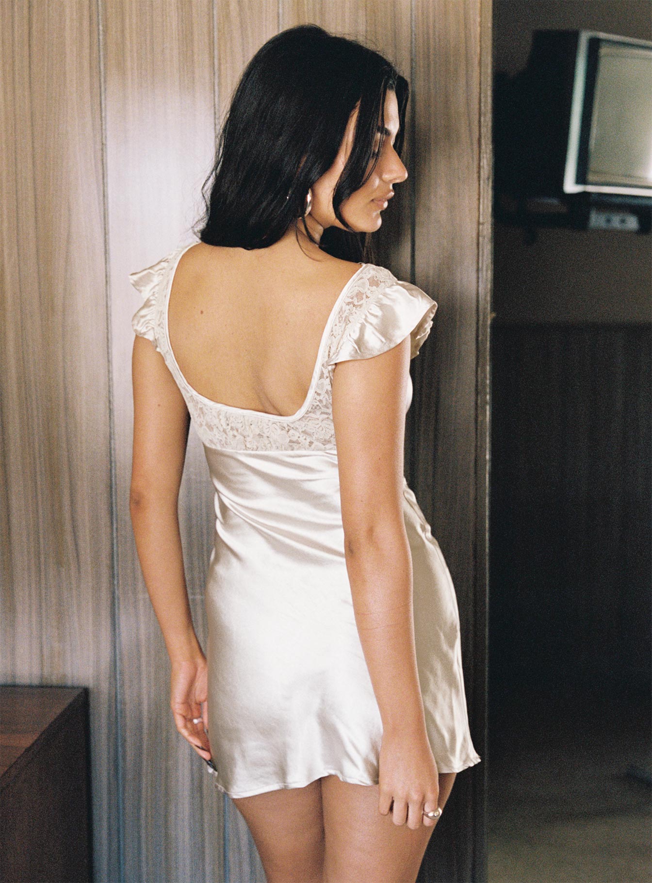 back view of model wearing Princess Polly Ever After Mini Dress Cream Scoop Neck 