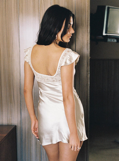 back view of model wearing Princess Polly Ever After Mini Dress Cream Scoop Neck 