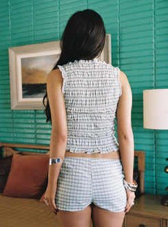 back view of model wearing Princess Polly Mousie Ruched Top Cream Plaid Sleeveless High Neck 