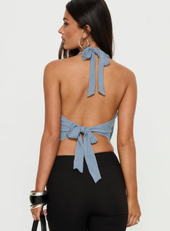 Lillyan Cross Front Backless Top Blue Shimmer