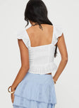 Top Elasticated frill sleeve, lace bust, tie detail, shirred back, invisible zip fastening at side Slight stretch, lined bust 
