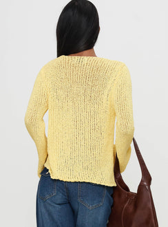 back view of model wearing Princess Polly Swain Knit Cardigan Lemon 