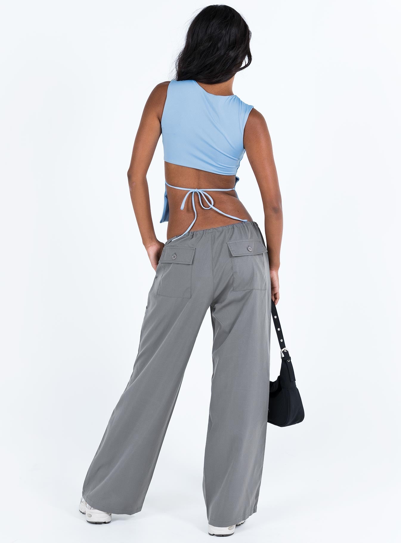 Grey pants Drawstring waist Twin hip and back pockets Wide leg
