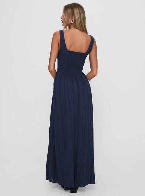 back view of model wearing Princess Polly Lorinda Maxi Dress Navy Square Neck 