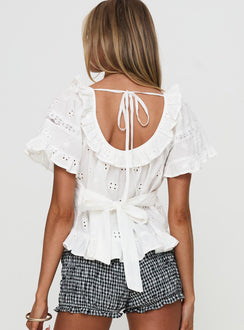back view of model wearing Princess Polly Teigen Broiderie Top White Short Sleeves Square Neck 