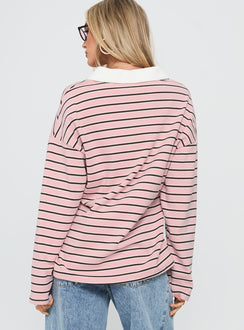 back view of model wearing Princess Polly High Regard Collared Jersey Pink Stripe Cropped 