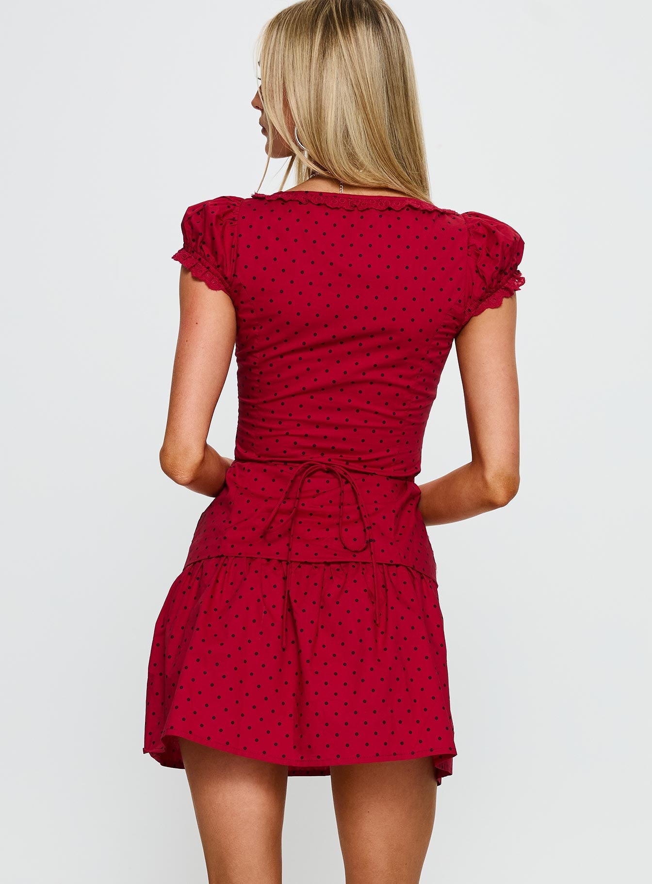 Ottillie Lace Trim Button Down Mini Dress Red Polka Dot