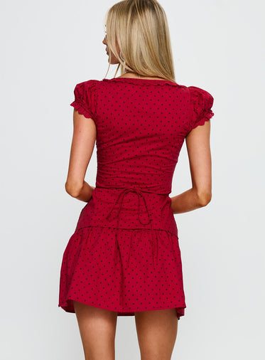 Ottillie Lace Trim Button Down Mini Dress Red Polka Dot