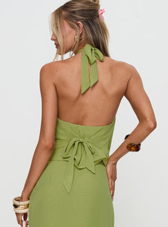 back view of model wearing Princess Polly Eleganza Top Green Sleeveless Cowl 