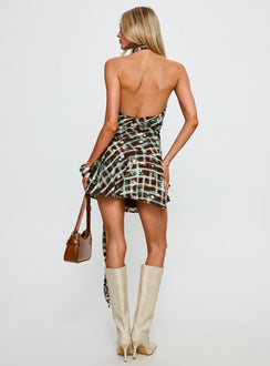 Brissa Halter Wrap Mini Dress Brown Multi