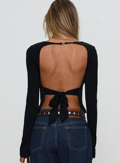 back view of model wearing Princess Polly Harpur Long Sleeve Backless Top Black Full Sleeves Crew Neck 
