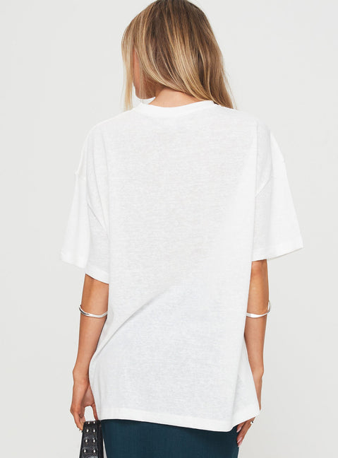 back view of model wearing Princess Polly Cloud Cassette Oversized Tee White Full Sleeves High Neck 