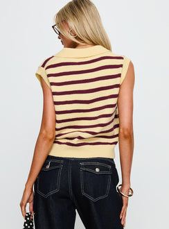 Yuliya Collared Sleeveless Top Lemon / Burgundy Stripe
