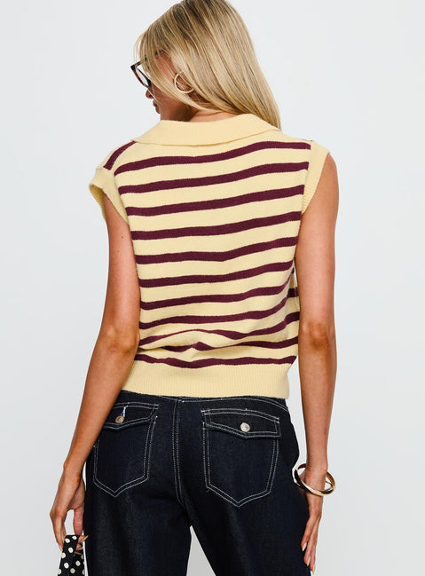Yuliya Collared Sleeveless Top Lemon / Burgundy Stripe