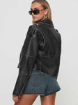 Faux leather jacket Classic collar, silver-toned hardware, twin pockets, dual zip fastening Non-stretch material, fully lined 