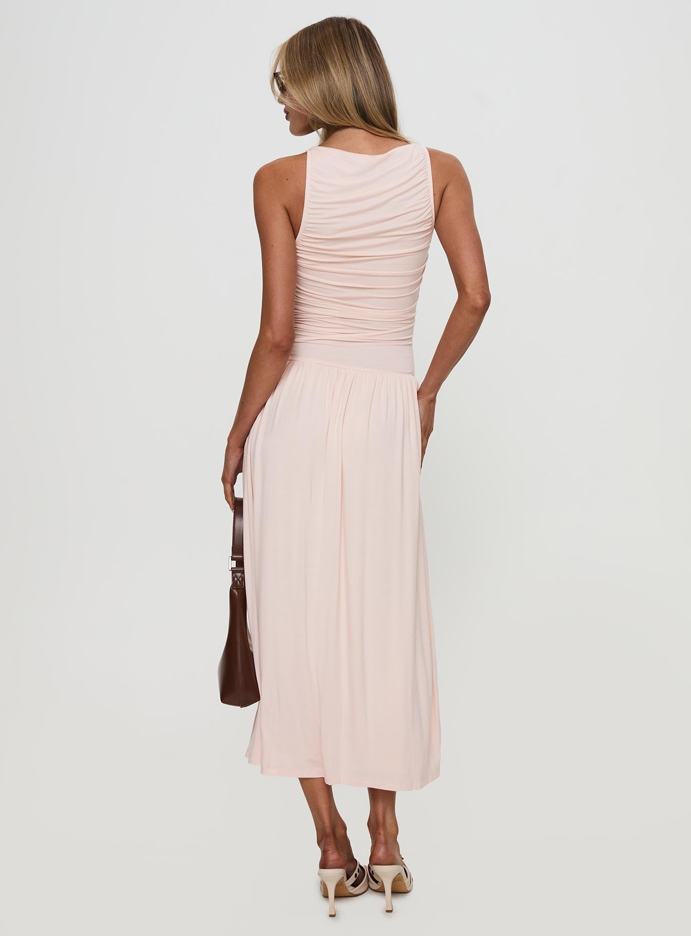 back view of model wearing Princess Polly Reveur Ruched Maxi Dress Pink High Neck 