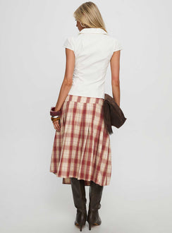 back view of model wearing Princess Polly Norie Wrap Pleat Midi Skirt Red Plaid Midi Skirts Skirts 