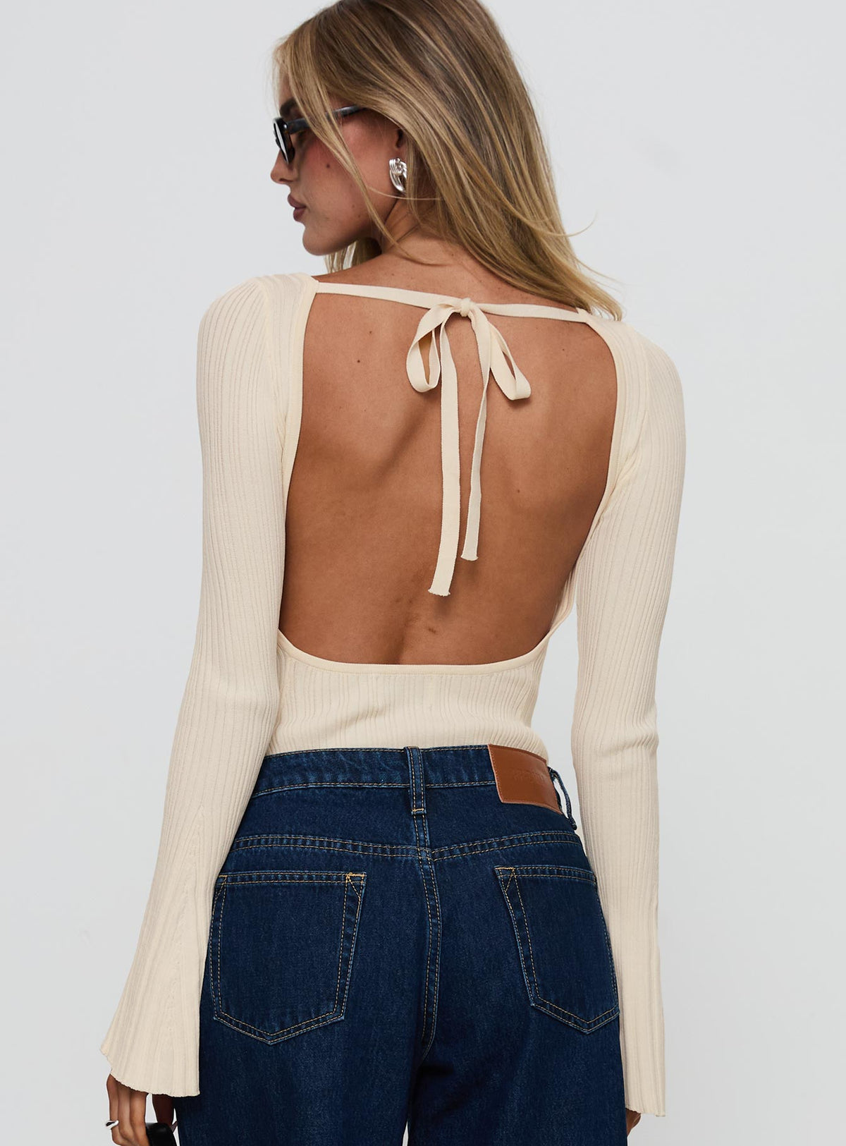back view of model wearing Princess Polly Mayok Long Sleeve Bodysuit Beige Long Sleeve Tops Bodysuit 