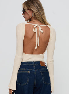 back view of model wearing Princess Polly Mayok Long Sleeve Bodysuit Beige Long Sleeve Tops Bodysuit 