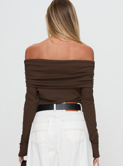back view of model wearing Princess Polly Spoilt Off The Shoulder Bodysuit Brown Long Sleeve Tops Bodysuit 