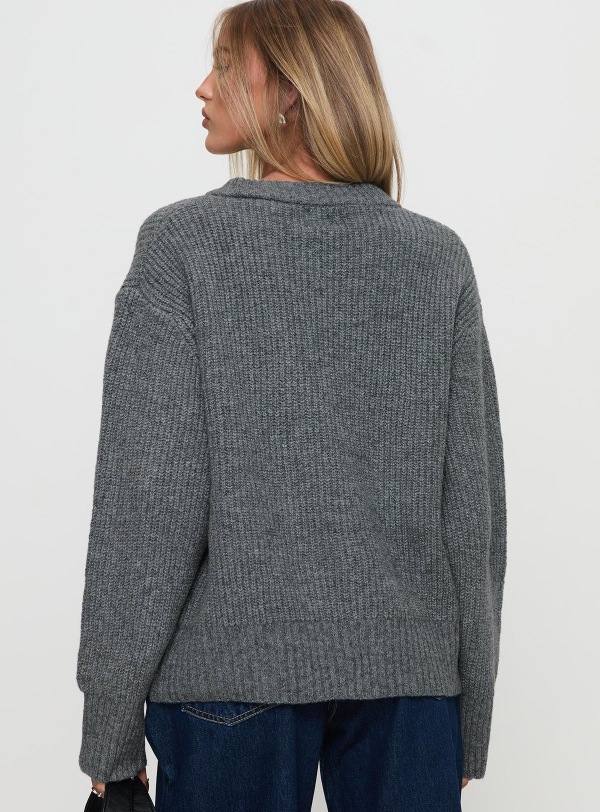 back view of model wearing Princess Polly Lexene Zip Through Jumper Grey Longline Jumpers Jumpers 