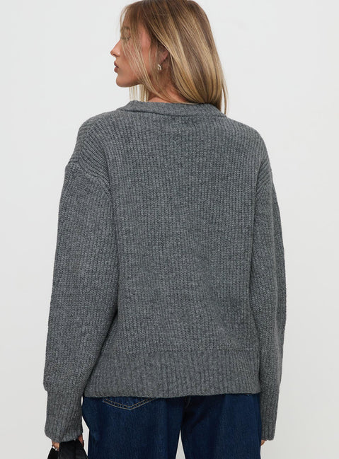 back view of model wearing Princess Polly Lexene Zip Through Jumper Grey Longline Jumpers Jumpers 