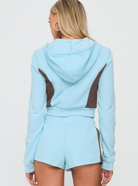 back view of model wearing Princess Polly Notable Double Zipper Jumper Blue cropped 