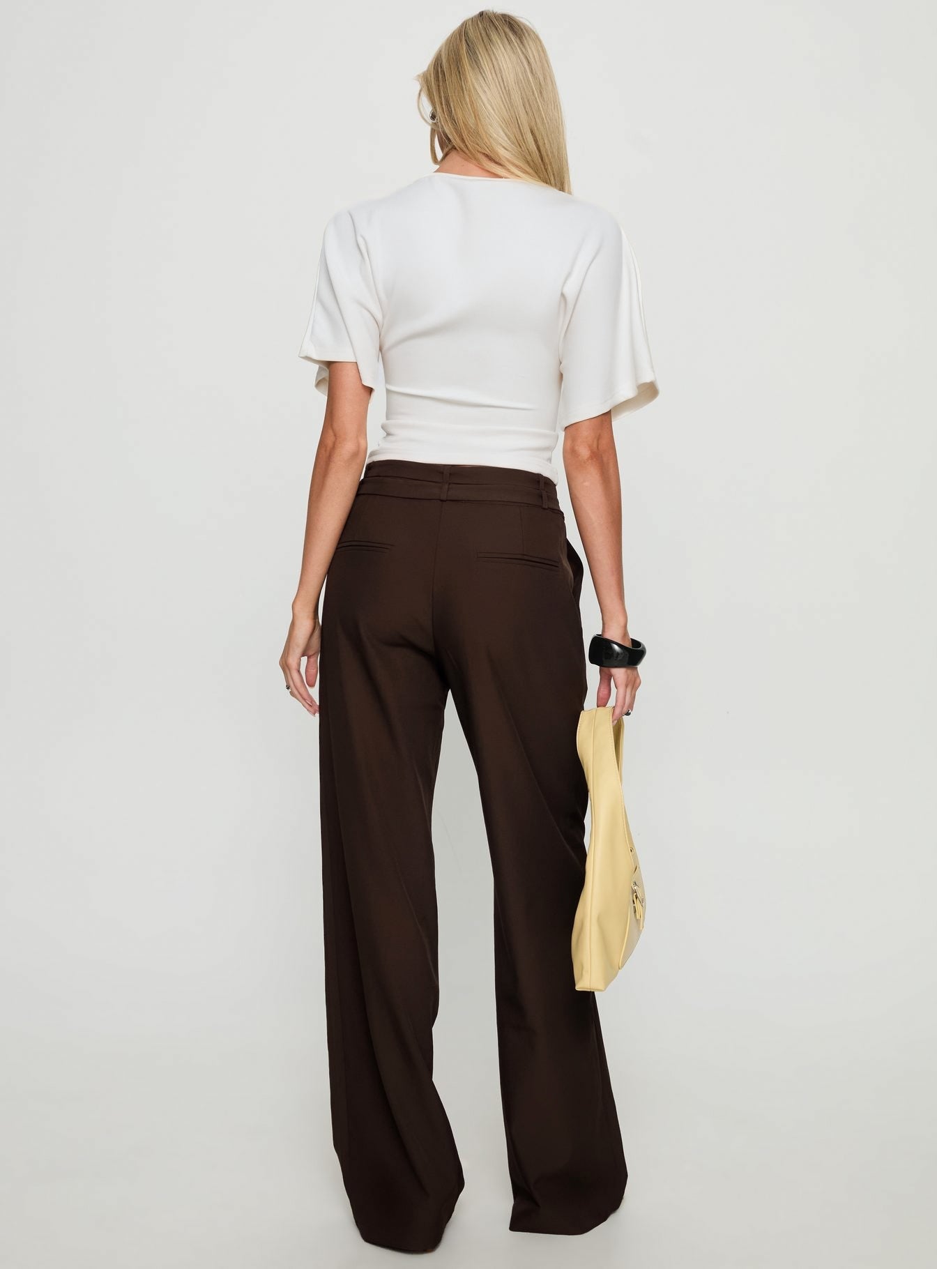 back view of model wearing Princess Polly Wylma Belt Detail Tailored Pants Chocolate High Rise Pants 