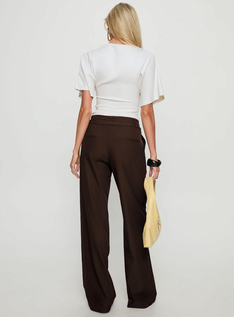 back view of model wearing Princess Polly Wylma Belt Detail Tailored Pants Chocolate High Rise Pants 
