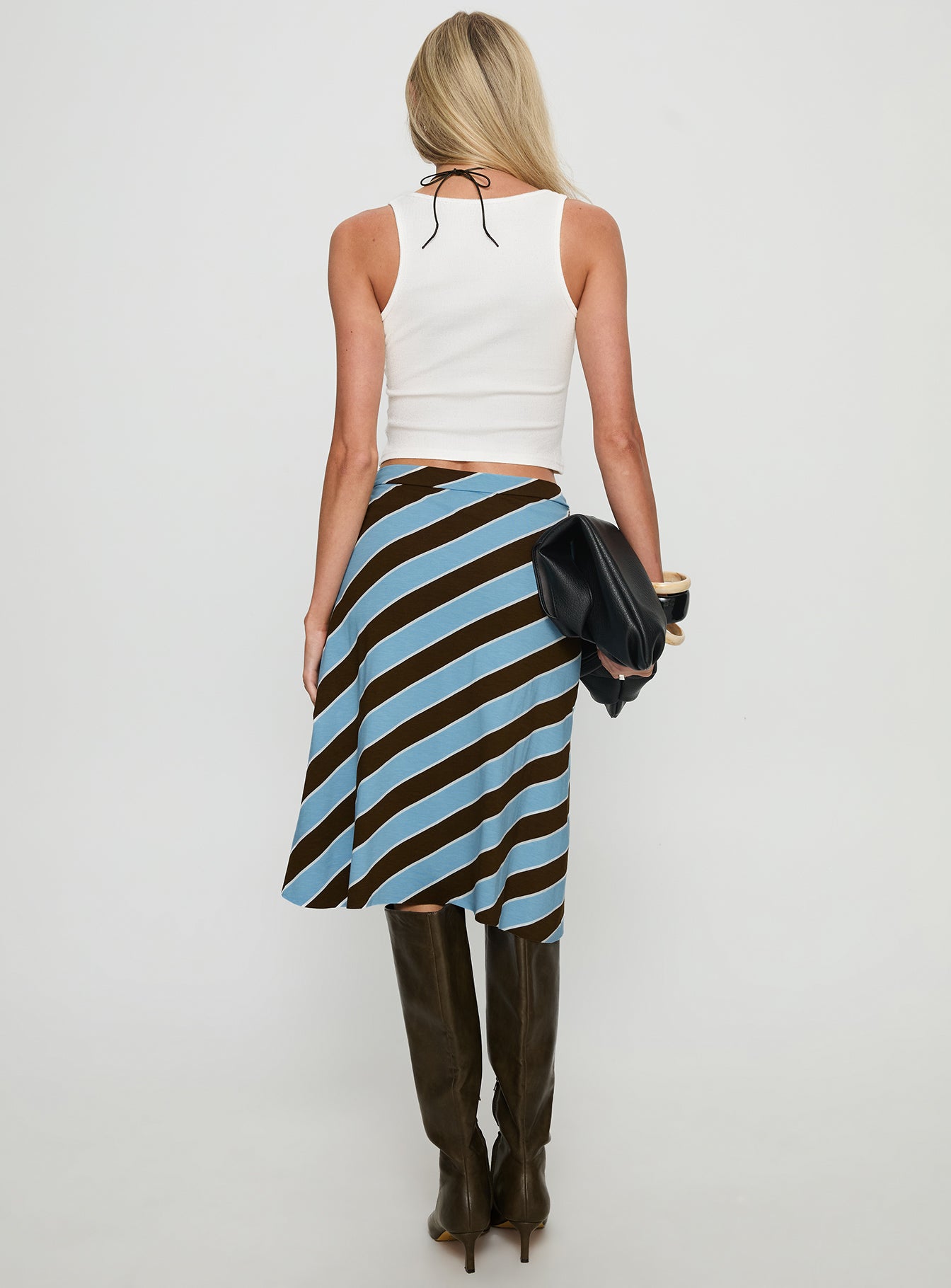 back view of model wearing Princess Polly Esmeray Midi Skirt Retro Stripe Blue Midi Skirts 
