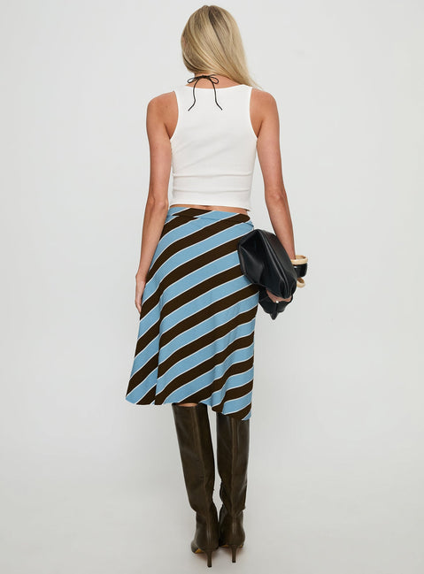 back view of model wearing Princess Polly Esmeray Midi Skirt Retro Stripe Blue Midi Skirts 
