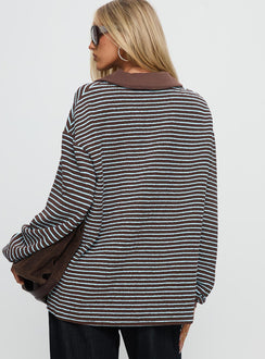 back view of model wearing Princess Polly Rigbys Collared Jumper Brown / Blue Stripe Longline Jumpers Jumpers 