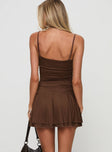 Mini dress V neckline, adjustable straps, ruched detail, layered hem Good stretch, fully lined  Princess Polly Lower Impact 